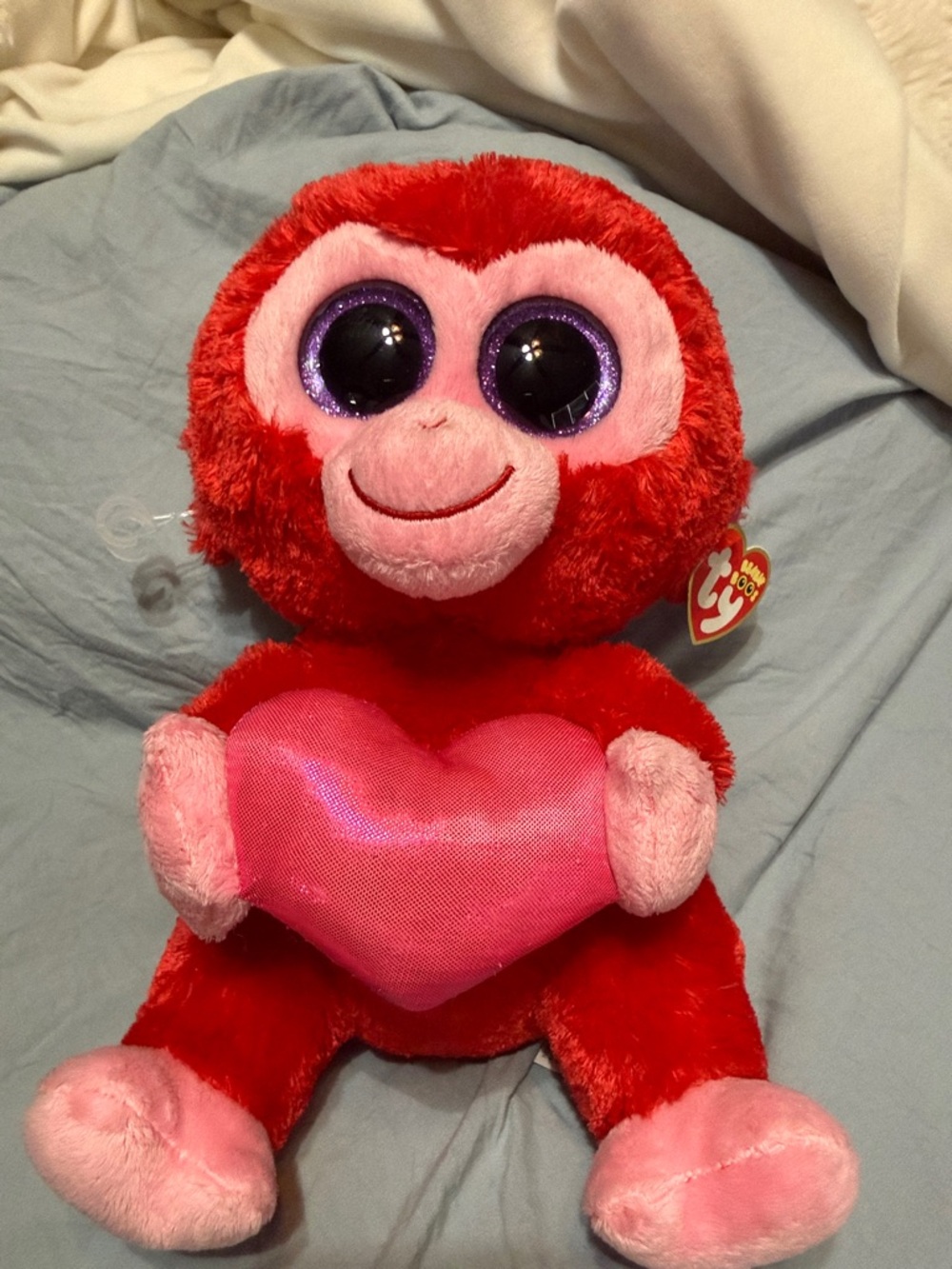 Ty Red and Pink Monkey Plush Holding Pink Heart